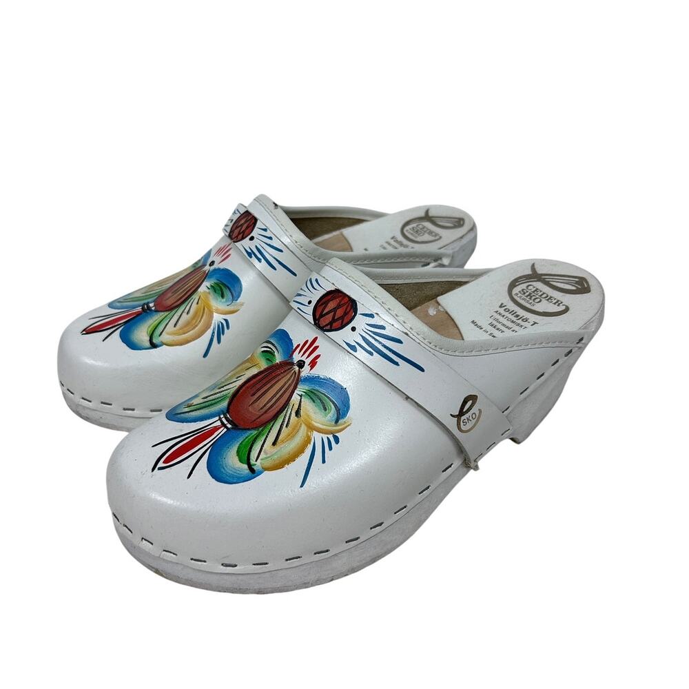 Vintage 80s Ceder Sko Vollsjo Made in Sweden Rosemaled Leather Wooden Clogs 36 6